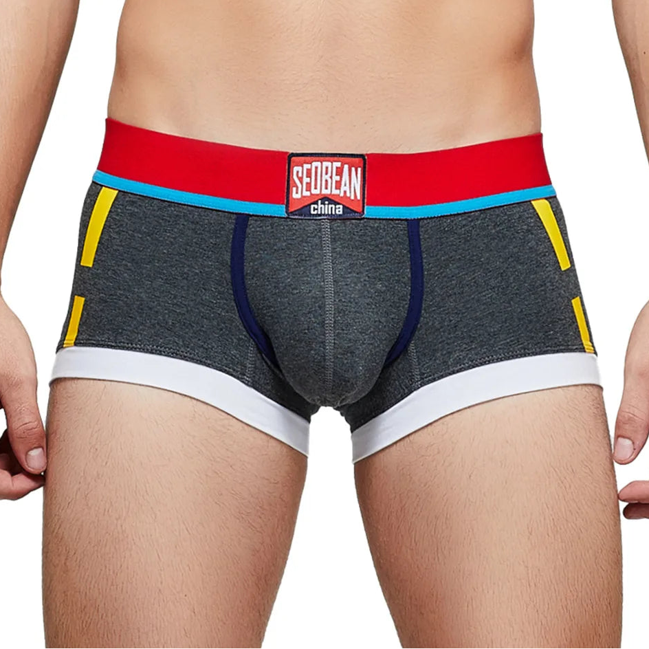 Gray boxer briefs with a red waistband featuring 'SEOBEAN' branding on a white background.